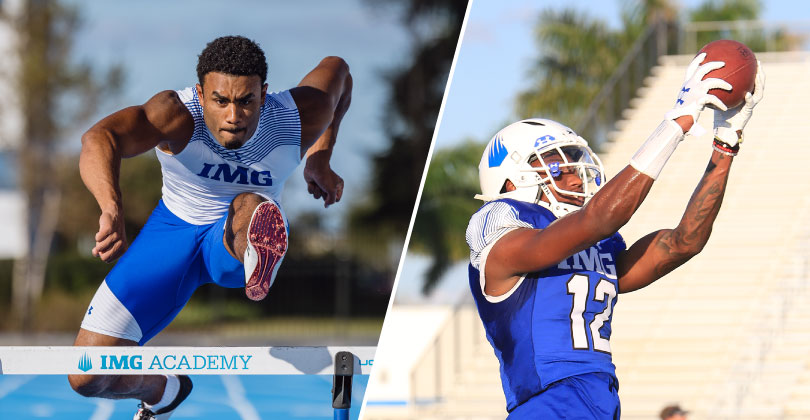 a collage of a man jumping over a hurdle and a football player catching