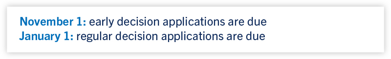Early decision applications are usually due around November 1 of your senior year, while most regular decision applications aren’t due until January 1 Early decision applications are usually due around November 1 of your senior year, while most regular decision applications aren’t due until January 1